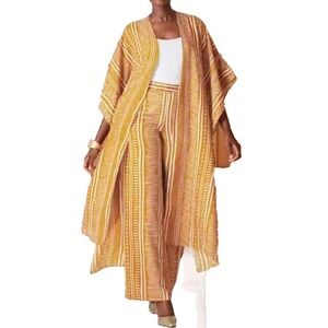 Ashro Womens Small Mustard Yellow Tribal Print 2 Piece Duster Kimono Pants Set